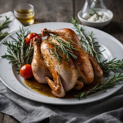 A whole raw chicken prepared with fresh rosemary and thyme, placed on a white platter.