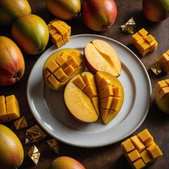 A ripe mango sliced open to reveal its golden-yellow flesh, with cubes fanned out on a white plate.
