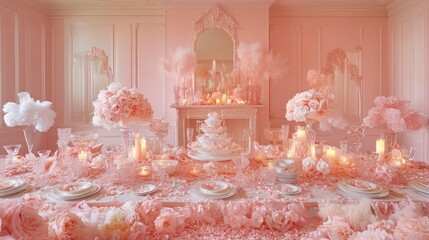 A Dreamy Pink Table Setting: Exquisite Floral Arrangements and Crystal Details in a Pastel Paradise