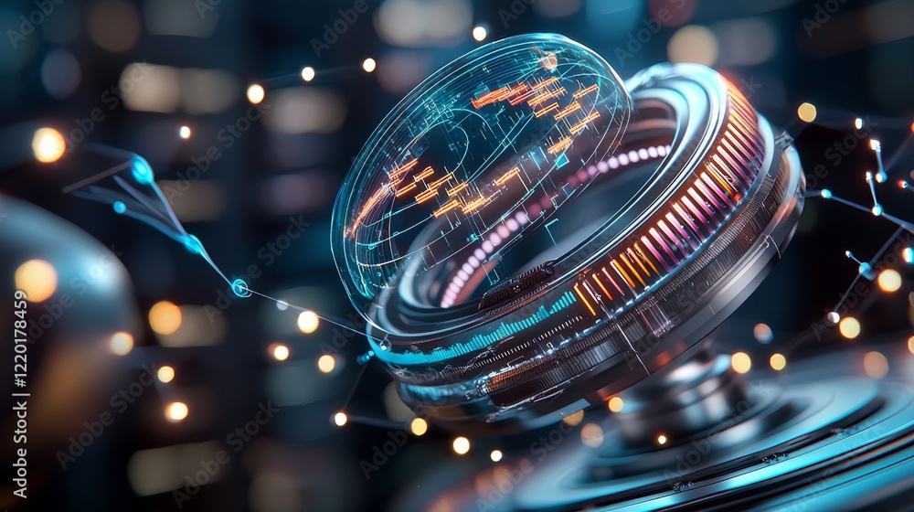 Poster futuristic holographic data visualization technology lab digital artwork cyberpunk environment close