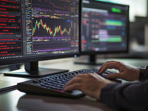 A financial analyst intensely studying stock charts on a dual monitor setup
