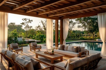 Fototapeta premium Luxurious Outdoor Living Space with Cozy Sofa, Wooden Furniture, Inviting Pool, and Tropical Garden in a Peaceful Setting at Sunset Time