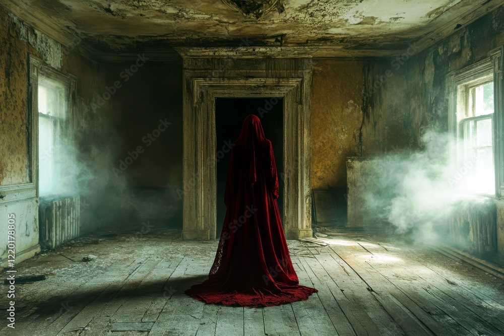 Aufkleber mysterious figure in red cloak surrounded by fog in abandoned room with distressed walls and natural