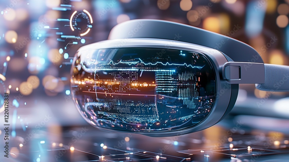 Poster exploring the future of virtual reality technology through smart glasses in a modern urban setting c