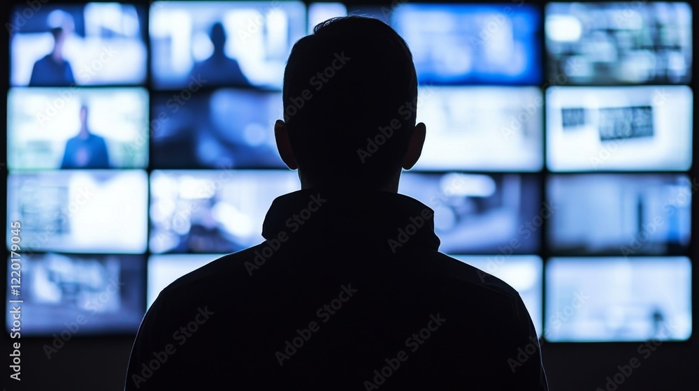 Poster person watching multiple screens in a dark room surrounded by technology and visual data streams
