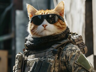 Cool Cat in Military Gear Wearing Sunglasses