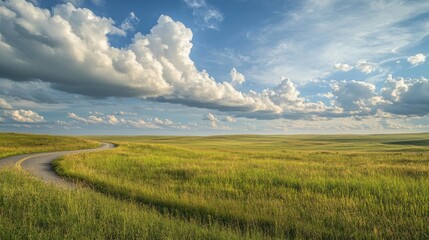 Obraz premium Beautiful prairie plains stretching across the horizon under a sky filled with soft, white clouds, casting gentle shadows on the lush grasslands, with a winding road drawing the eye into the scene.