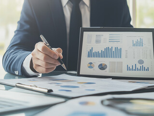 A focused financial advisor in a video conference, holding a pen while explaining details