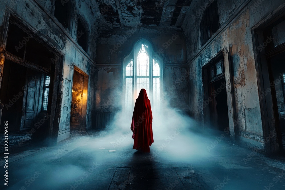 Poster mysterious figure in red cloak standing in foggy abandoned room with intricate architecture and ghos