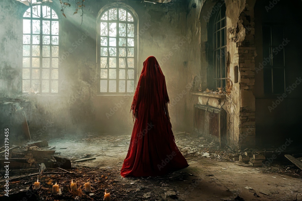 Poster mysterious figure in a red cloak stands in an abandoned, haunting setting with soft light filtering 