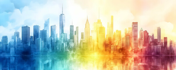 Cityscape sunrise, colorful clouds, urban, header