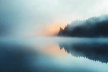 Fototapeta premium Shimmering mist with faint rainbow over tranquil water at dawn