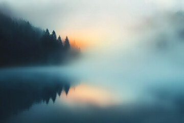 Fototapeta premium Shimmering mist and a faint rainbow at dawn over a tranquil lake surrounded by trees