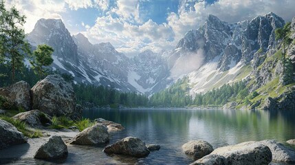 Tranquil alpine lake reflecting majestic mountains, sunny day, travel poster