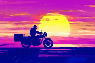 Silhouette of a Motorcyclist Against a Vibrant Sunset with Dramatic Clouds and a Scenic Horizon for Adventure and Travel Themes