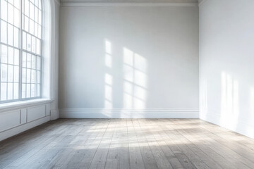Obraz premium Bright sunlit room with wooden floor and large windows showcasing natural light