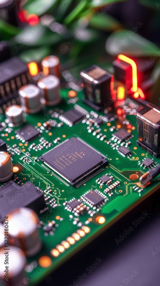 Poster high tech circuit board closeup microchip electronics technology