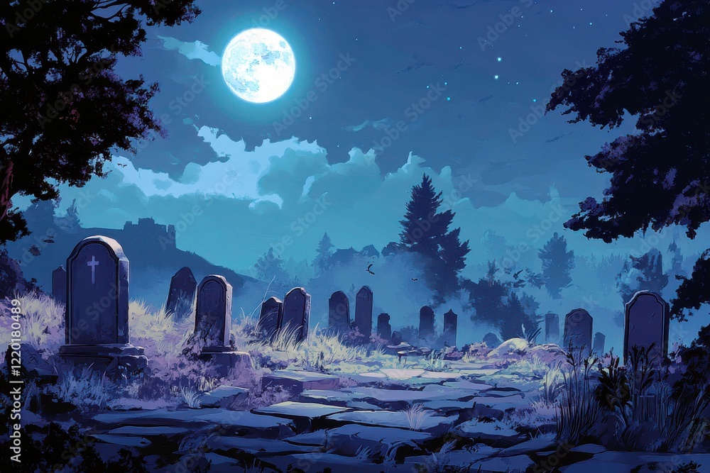 Aufkleber eerie night scene in a graveyard under a full moon with dark clouds and silhouetted trees creating a