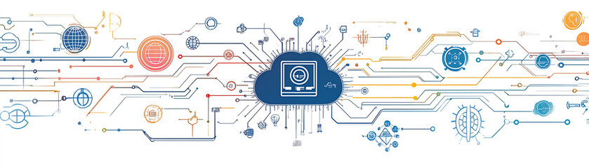 Abstract digital cloud computing concept with interconnected lines and data symbols, representing modern technology.