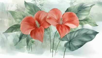 Vibrant red flowers bloom amidst soft green leaves in a serene, artistic background setting