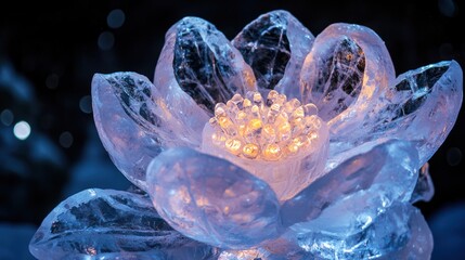 A stunning ice carving of a flower illuminated with LEDs.