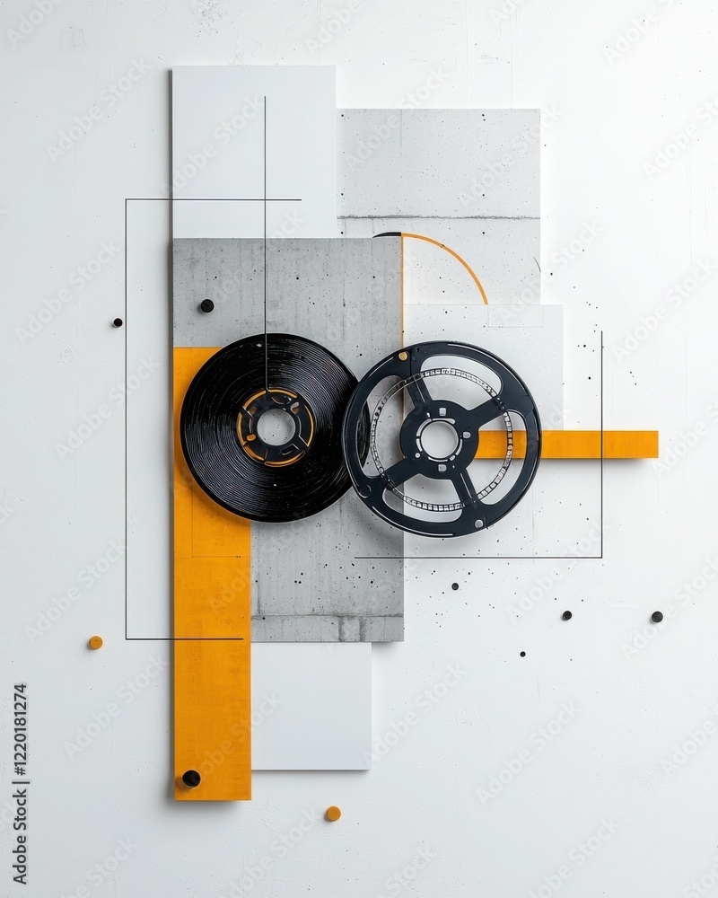 Poster abstract composition featuring two circular elements, geometric shapes, and contrasting colors, crea
