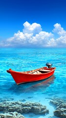 Naklejka premium Serene Seascape: Red Boat on a Turquoise Ocean