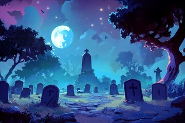 Naklejka premium Enchanted Graveyard Under Moonlight with Mystical Atmosphere and Eerie Landscape Featuring Tombstones, Trees, and Stars in a Dark Night Sky