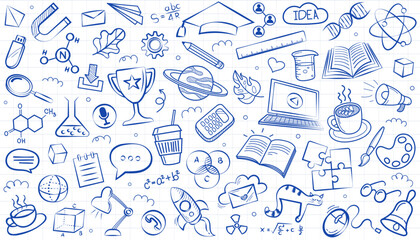 Hand drawn education and science doodle set containing icons of book, pencil, atom, and lightbulb. A concept of back to school learning, stem study, and creative brainstorming idea.