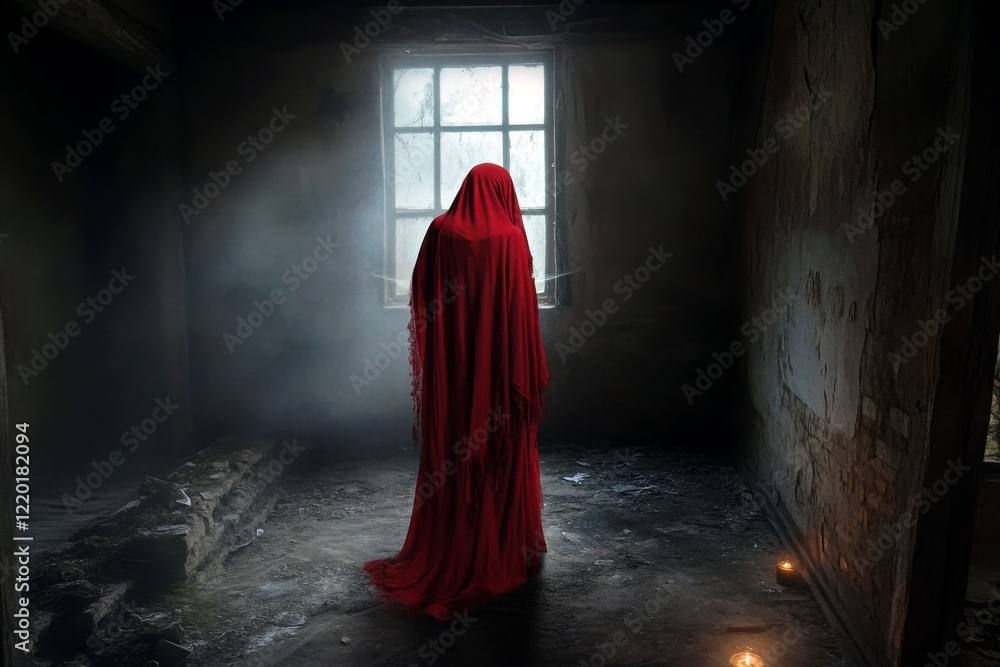 Aufkleber mysterious figure in a red cloak standing in a dimly lit room with a window, evoking feelings of int