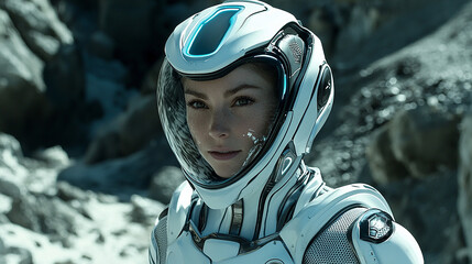 Close-up portrait of a female astronaut in a futuristic spacesuit on a rocky, extraterrestrial landscape.