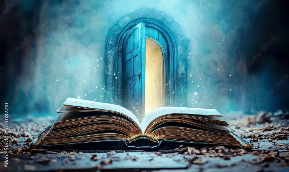 Poster Enchanting Open Book with Magical Doorway in Mystical Setting Surrounded by Dreamy Light and Sparkles for Fantasy and Imagination Themes