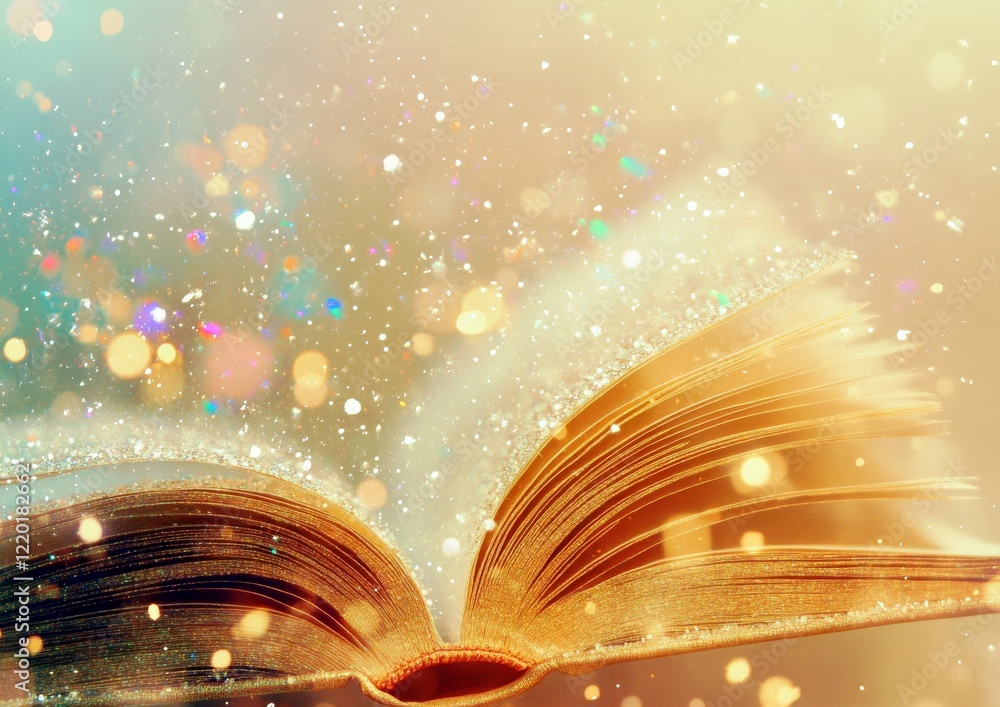 Poster open book with shimmering pages and dreamy bokeh effect, creating a magical and enchanting atmospher