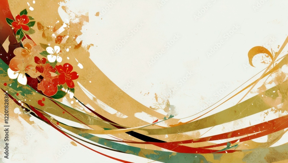 Poster abstract floral background with colorful curves and splashes featuring red and white flowers on a so