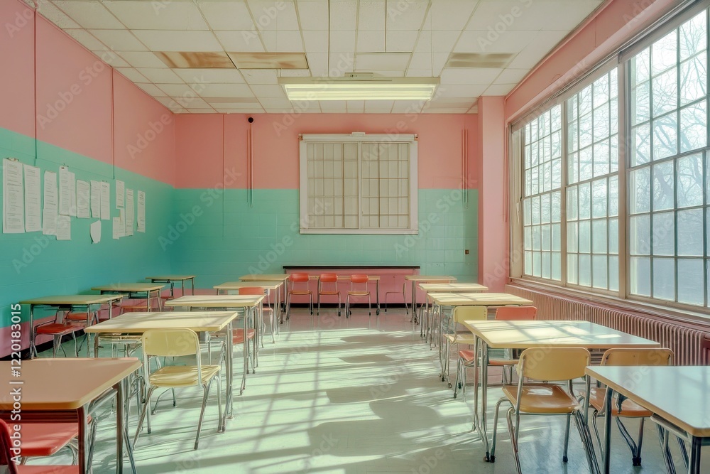 Poster Bright and Colorful Empty Classroom with Desks and Windows Illuminating the Space of a Learning Environment