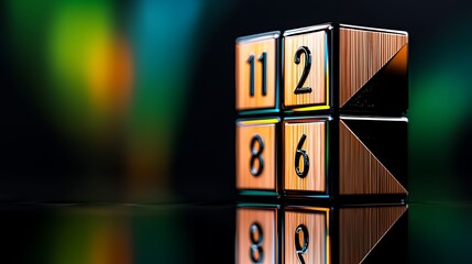 Wooden number cube puzzle, dark background, reflection, problem-solving