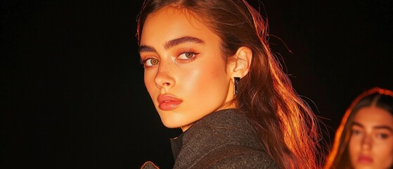 Naklejka premium Stylish Woman Fashion Model Portrait Closeup Catwalk Runway Hair Coat Brown Hair G