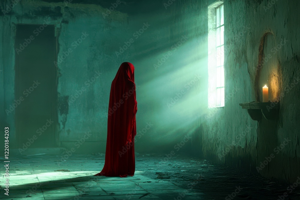 Poster mysterious figure in red cloak standing in an abandoned room with soft light streaming through a win