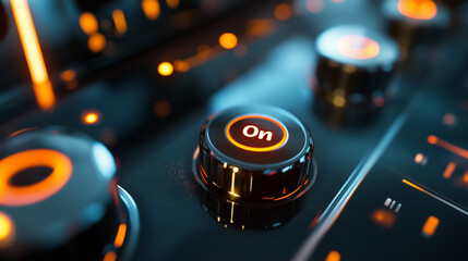 Power buttons on household appliances. Close-up of a sleek black control knob with blue indicator on a modern household appliance, copy space