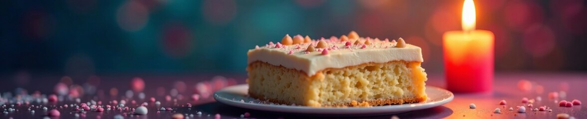 Delicious slice of cake on a plate with a candle and festive decoration.