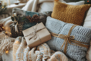 cozy celebration atmosphere, homemade cards with heartfelt messages, along with a warm, intimate scene complete with cushions and blankets to celebrate the occasion