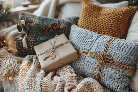 cozy celebration atmosphere, homemade cards with heartfelt messages, along with a warm, intimate scene complete with cushions and blankets to celebrate the occasion