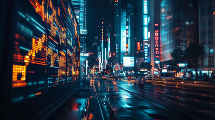 Fototapeta premium Vibrant City Nightscape With Neon Lights and Wet Streets