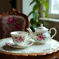 Fototapeta premium Elegant tea set with floral designs on a wooden table by the window.