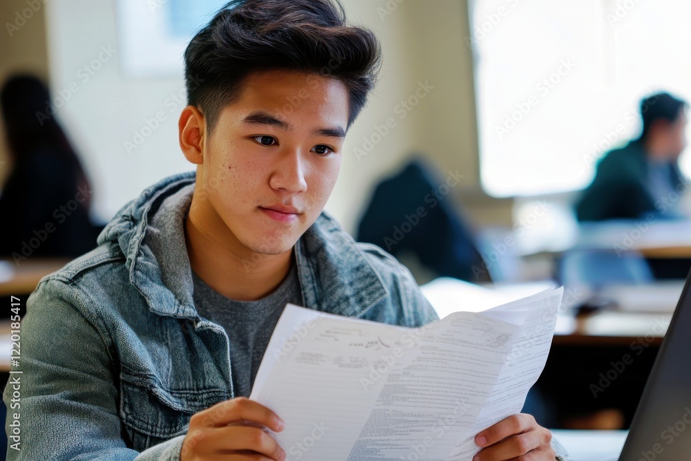 Poster focused student in denim jacket examining documents during study session in modern classroom environ