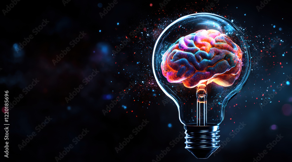 Poster this captivating image blends a human brain with a lightbulb, symbolizing the intersection of creati