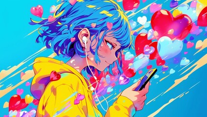 Fototapeta premium Young Woman with Blue Hair Listening to Music Surrounded by Hearts