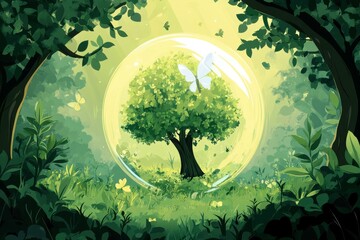 Enchanted Tree Surrounded by Ethereal Light in a Lush Green Forest with Butterflies and a Serene Atmosphere of Nature's Beauty