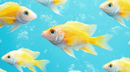 Fototapeta premium Vibrant Yellow Fish Underwater Paradise: A School of Golden Fish in Aquamarine