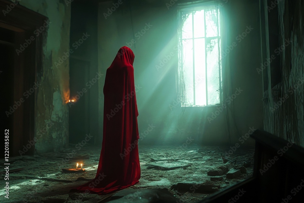 Poster mysterious figure in red cloak stands in an abandoned room illuminated by ethereal light streaming t
